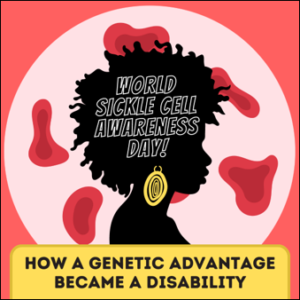 World Sickle Cell Awareness Day! How a Genetic Advantage Became a Disability. Silhouette of a black woman over red blood cells.